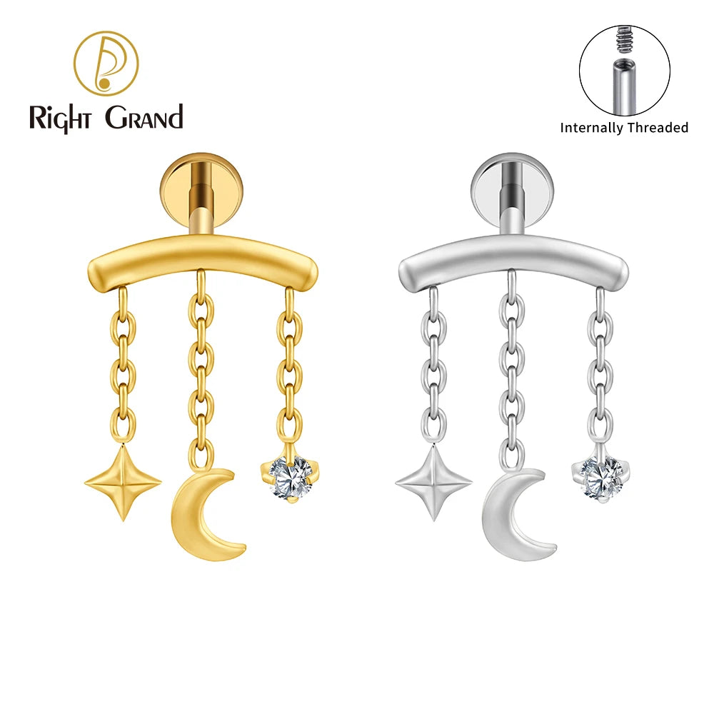 Right Grand ASTM F136 Titanium Hidden Helix Chain Earring 16G Dainty Star Moon CZ Dangle Cartilage Stud Piercing Jewelry