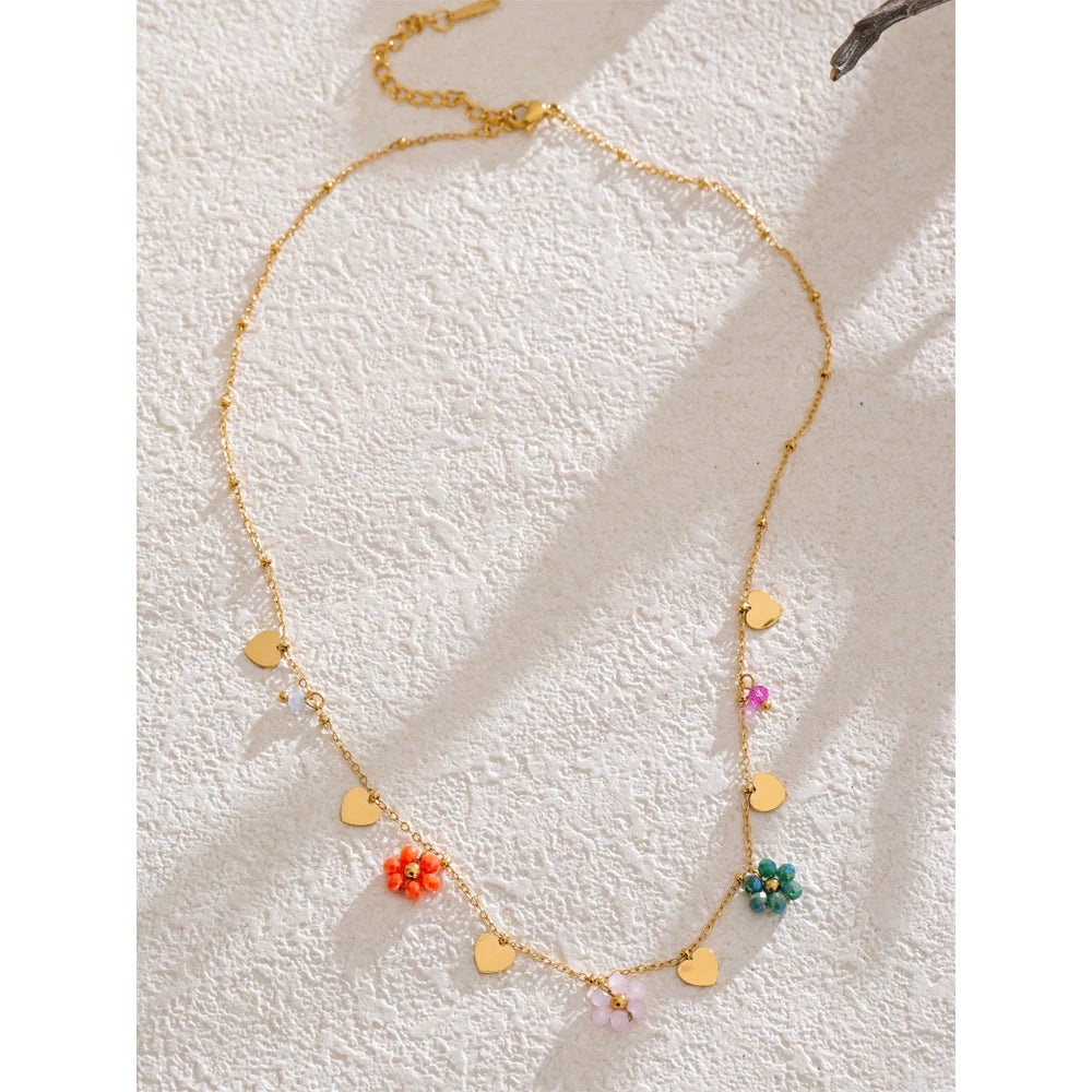 Yhpup Summer Fashion Crystal Flower Pendant Necklace for Women Stainless Steel Handmade Cute Collar Jewelry 2025 Waterproof