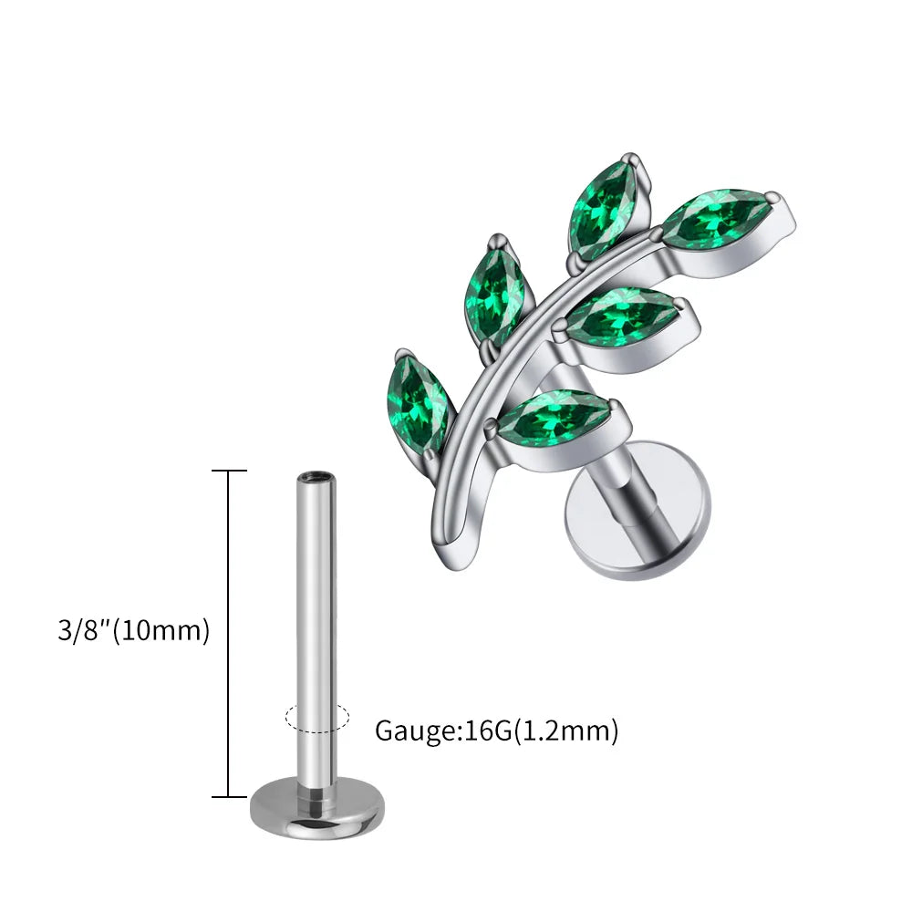 Right Grand ASTM F136 Titanium 16G Marquise CZ Leaves Stud Earring Leaf Shaped Helix Cartilage Conch Flat Back Piercing Jewelry