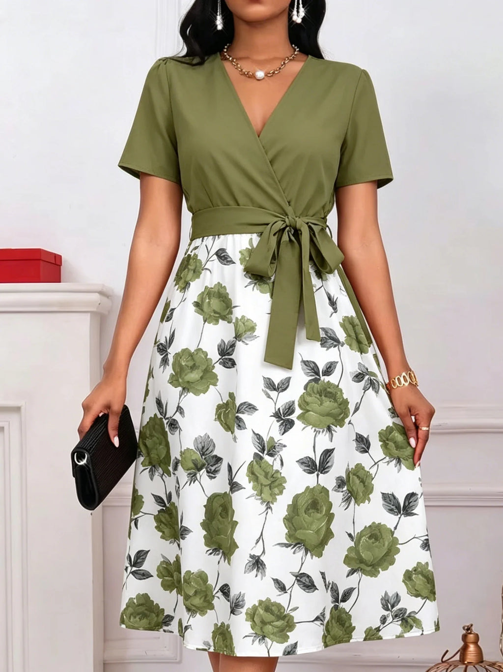 Women's Vintage Rose Print Tie Waist A-Line Midi Dress