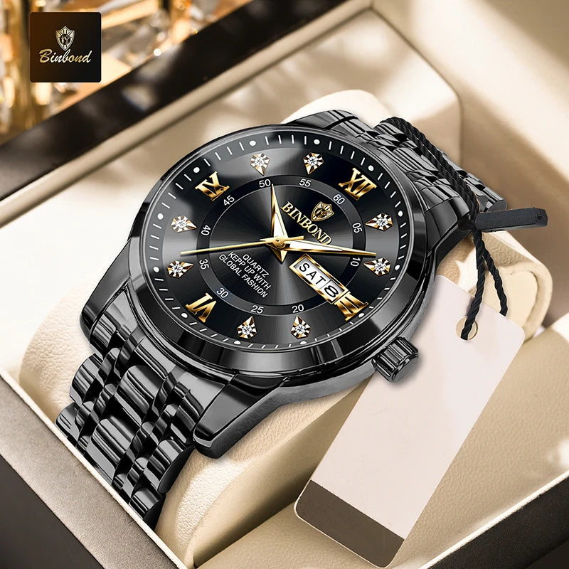 BINBOND 7169 Men's Watches Trend Fashion Star Ring Dial Original Quartz Watch for Man Waterproof Stainless Steel Luminous