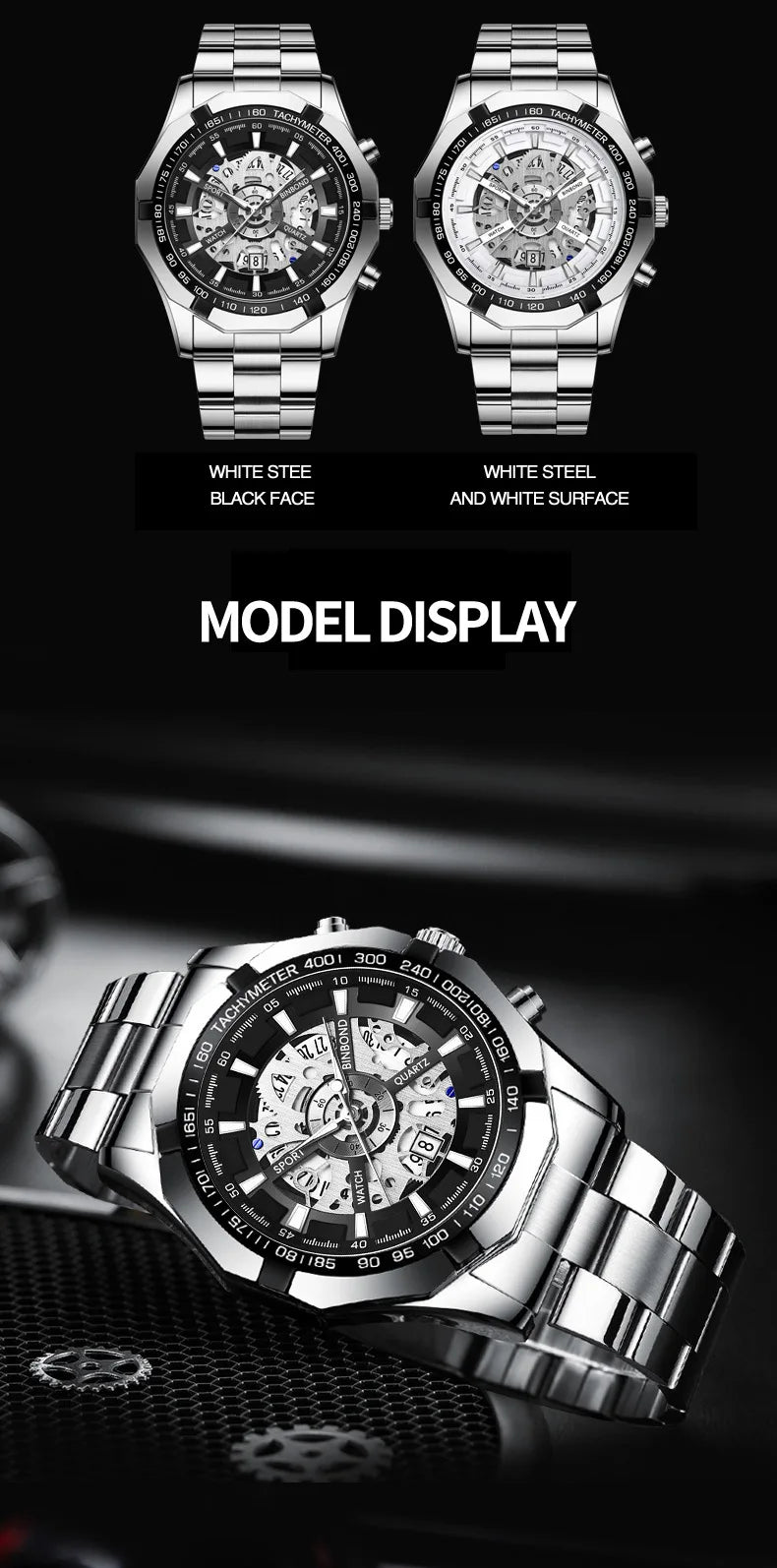 Binbond Mens Watches Top Brand Luxury Stainless Steel Waterproof Hollow Out Blue Big Male Wristwatches Relogio Masculino 2023
