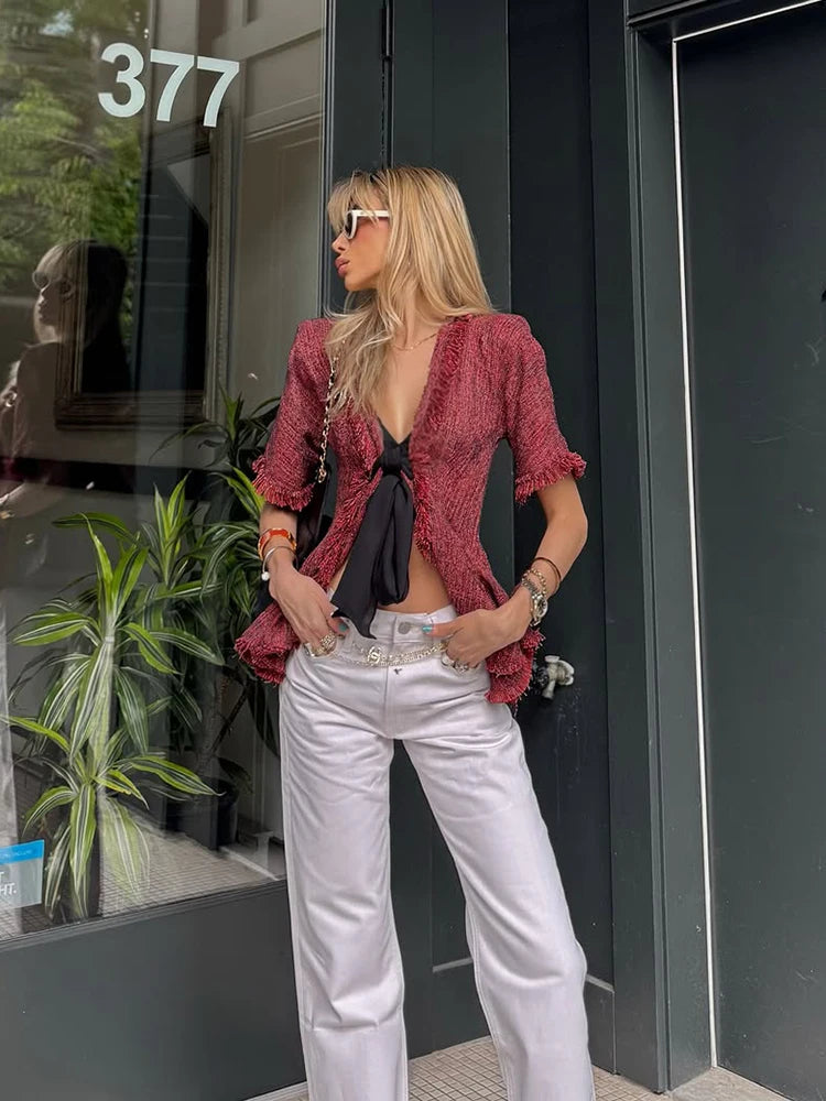 Women's Vintage Fringed V-Neck Blouse – Short Sleeve Lace-Up Ruffle Top | Chic Summer Fashion Shirt 2026