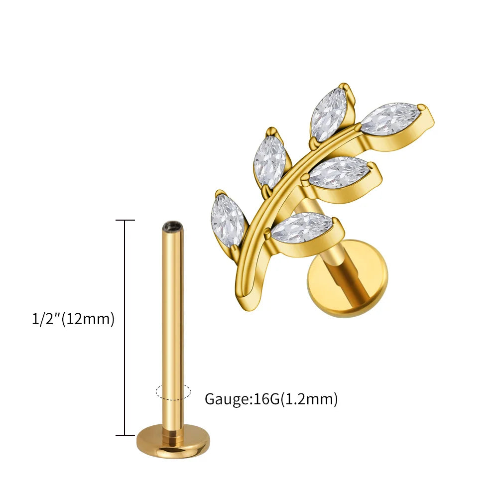 Right Grand ASTM F136 Titanium 16G Marquise CZ Leaves Stud Earring Leaf Shaped Helix Cartilage Conch Flat Back Piercing Jewelry