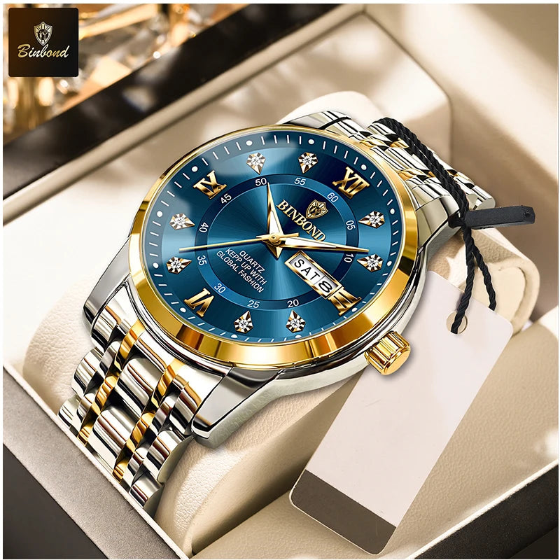 BINBOND 7169 Men's Watches Trend Fashion Star Ring Dial Original Quartz Watch for Man Waterproof Stainless Steel Luminous