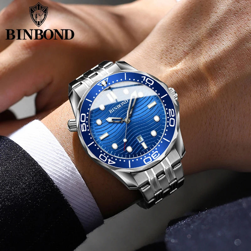 BINBOND Brand New Fashion Ultra-thin Sea Horse Series Men Business Quartz  Watches Waterproof Luminous Sports Casual Men's Watch