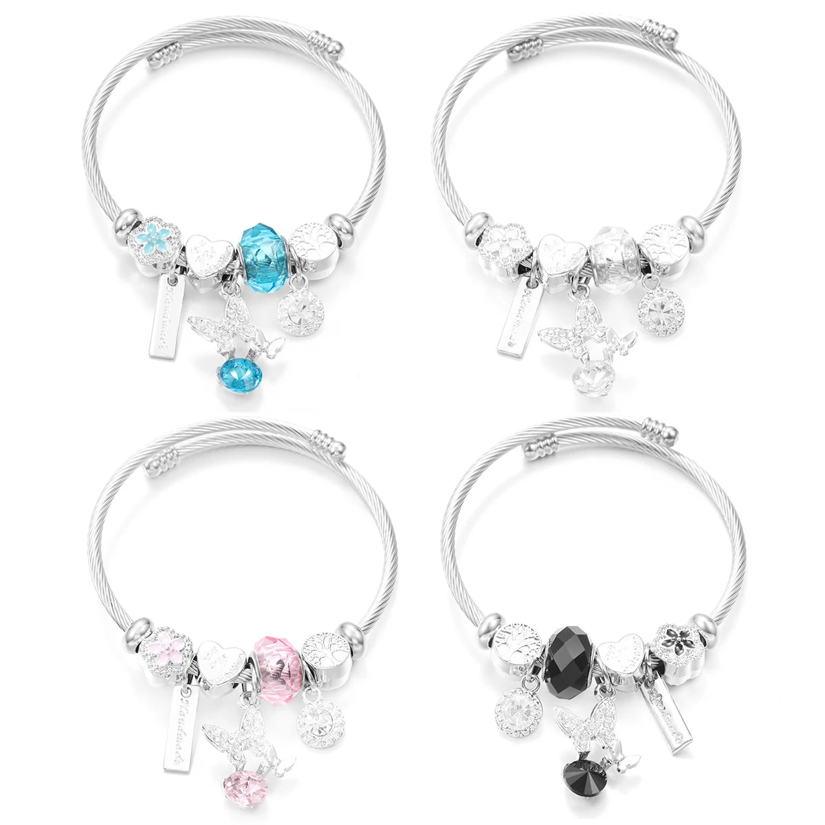 New Butterfly Crystal Tree of Life Beaded Pendant Bracelet Stainless Steel 4 Colors Closure Bangles Women Bracelet Accessories