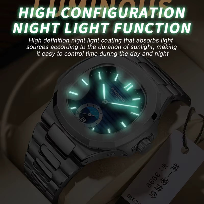 BINBOND Men's Business Quartz Watch – Stainless Steel Waterproof Wristwatch