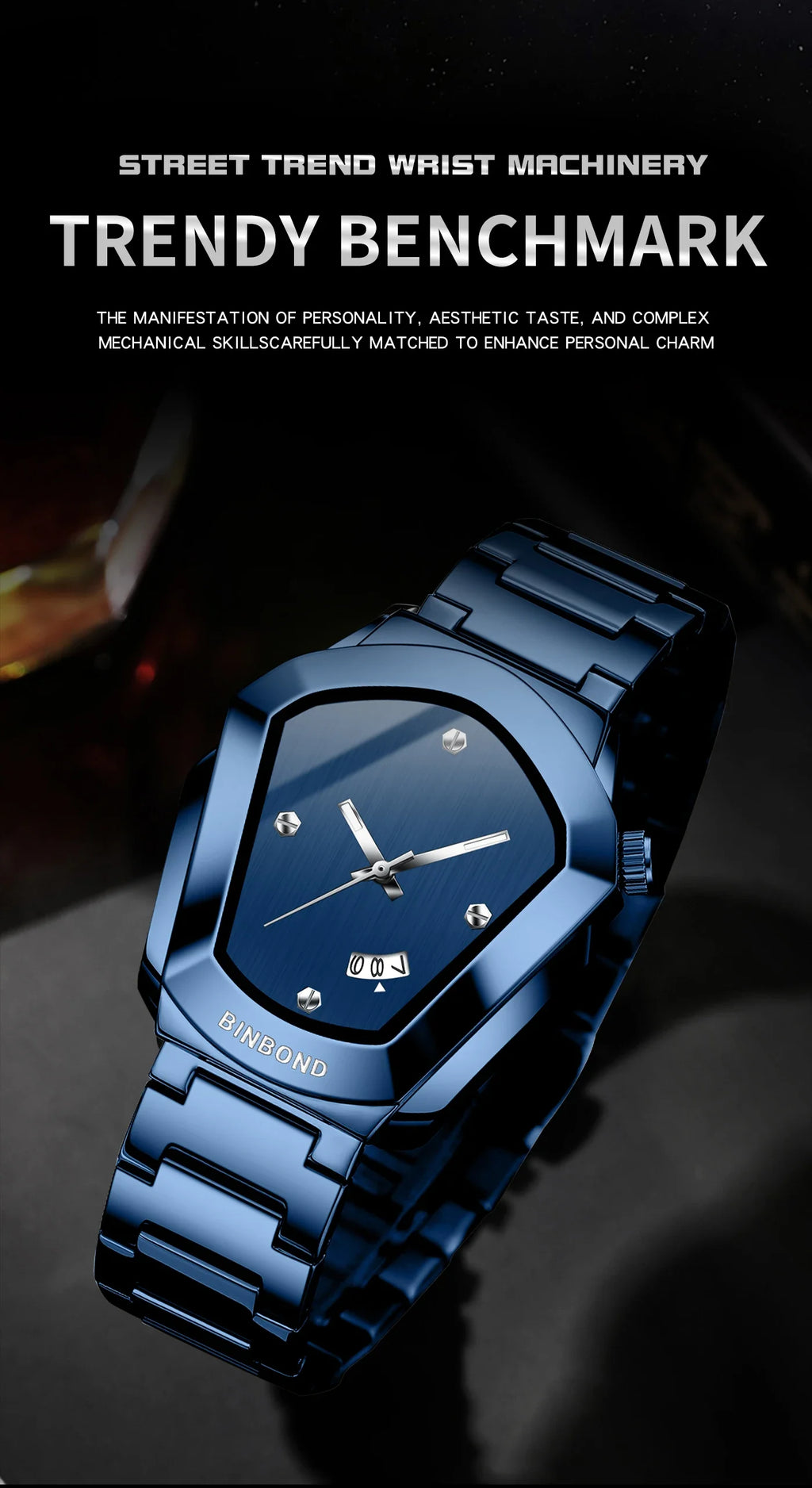 BINBOND Luxury Mens Watches Stainless Steel Strap New Concept Quartz Calendar Business Sports WristWatch Fashion Watches For Men