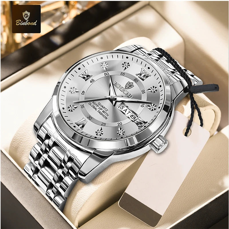 BINBOND 7169 Men's Watches Trend Fashion Star Ring Dial Original Quartz Watch for Man Waterproof Stainless Steel Luminous