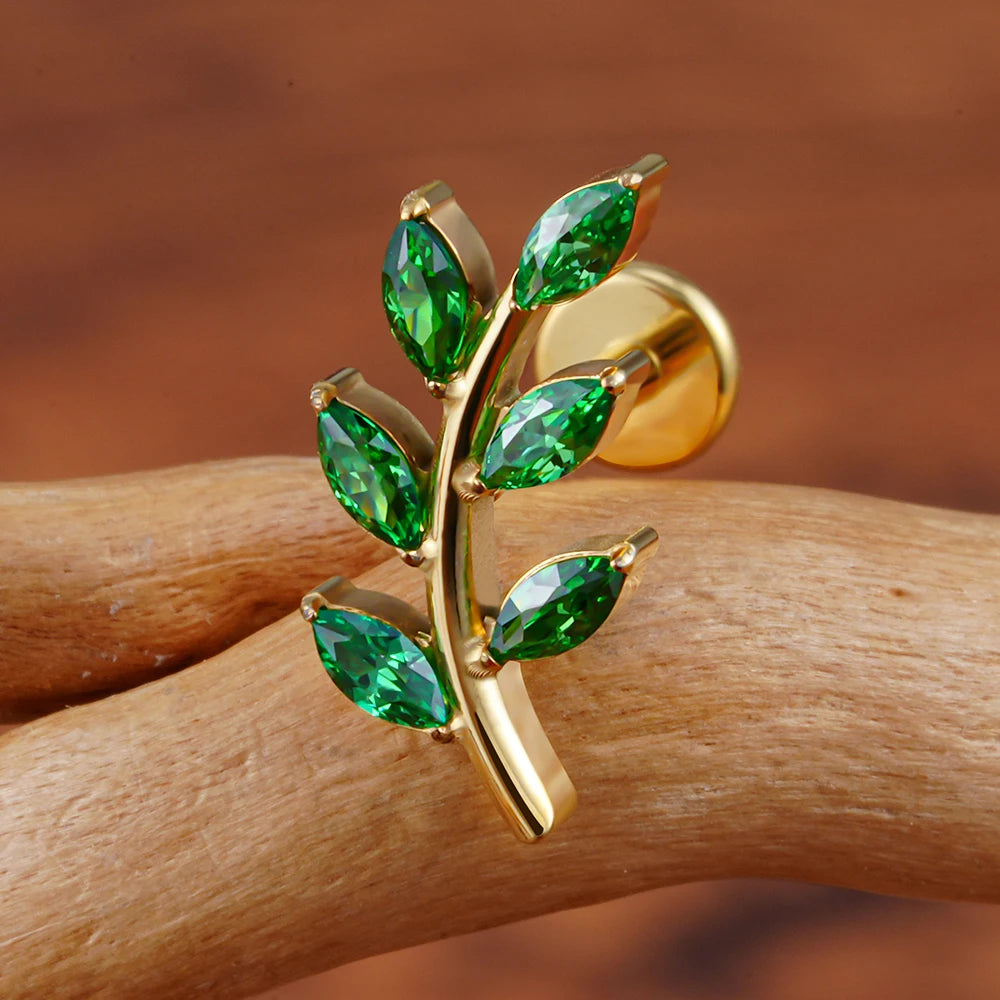 Right Grand ASTM F136 Titanium 16G Marquise CZ Leaves Stud Earring Leaf Shaped Helix Cartilage Conch Flat Back Piercing Jewelry