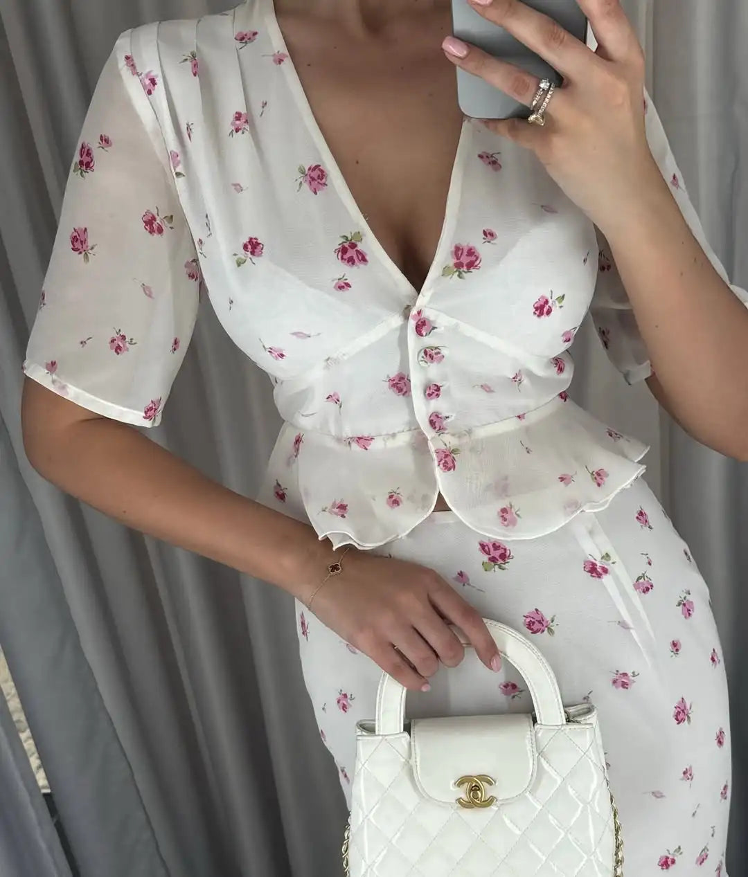 Women White Pink Floral Print Fishtail Skirt Set Chic V Neck Puff Sleeve Ruffle Button Crop Top Suit Elegant Lady Wedding Outfit