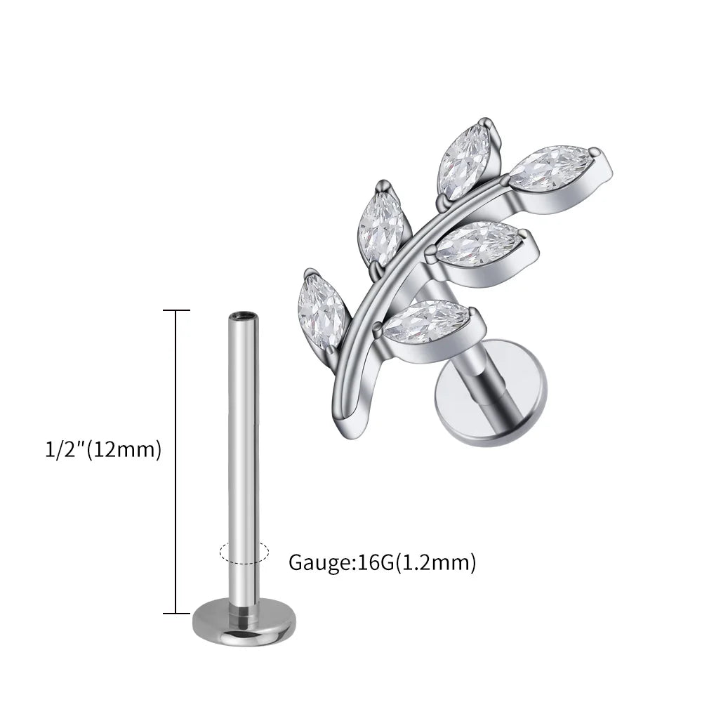 Right Grand ASTM F136 Titanium 16G Marquise CZ Leaves Stud Earring Leaf Shaped Helix Cartilage Conch Flat Back Piercing Jewelry