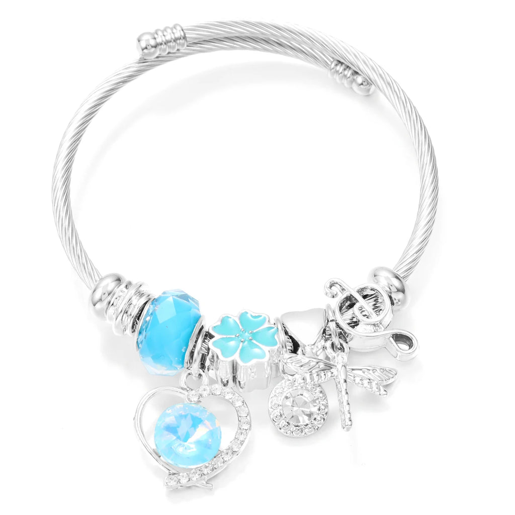 New Butterfly Crystal Tree of Life Beaded Pendant Bracelet Stainless Steel 4 Colors Closure Bangles Women Bracelet Accessories