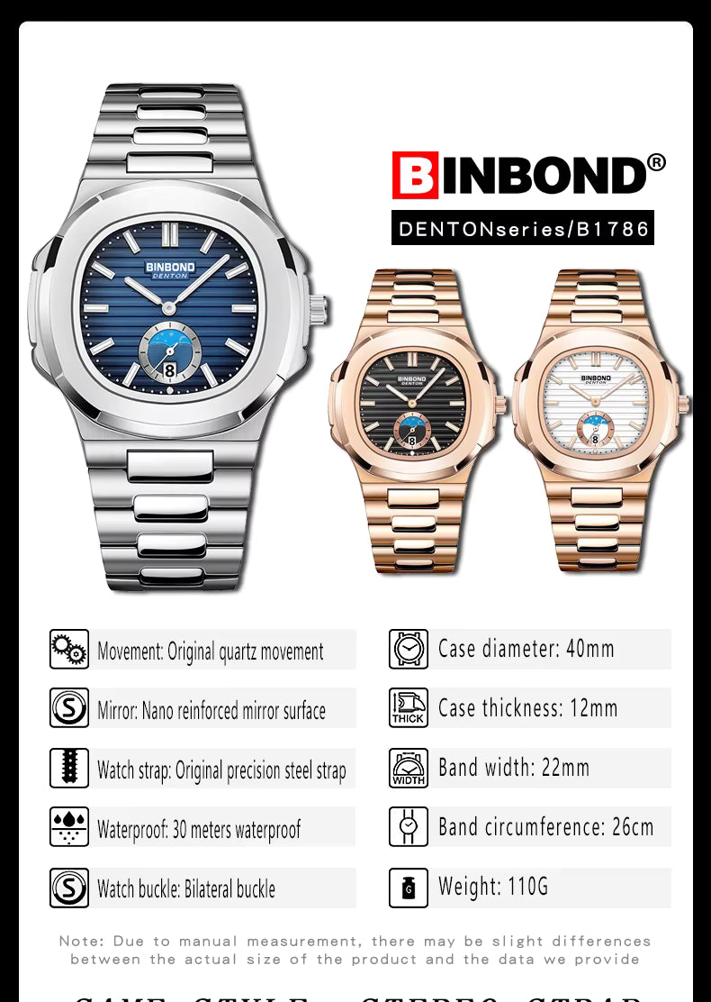BINBOND Men's Business Quartz Watch – Stainless Steel Waterproof Wristwatch