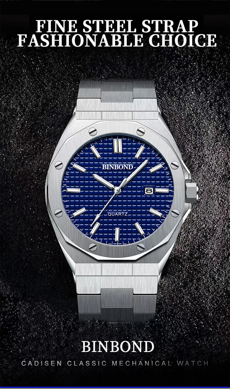 BINBOND B0233 Fashion Casual Men Watches Big Dial blackStainless Steel Calendar Quartz Wristwatch Classic Top Brand Male Clock