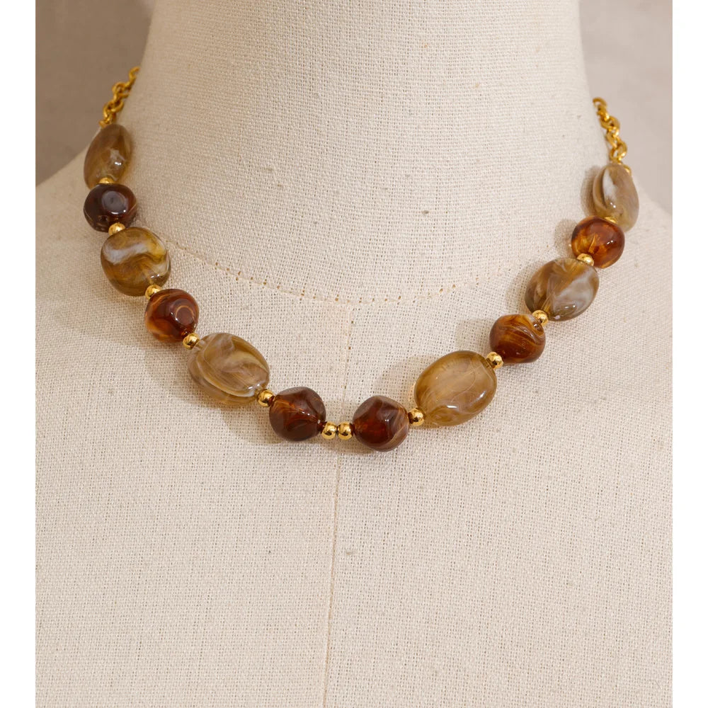 Yhpup Stainless Steel Resin Beads Chain Statement Necklace Waterproof PVD Plated Handmade Attractive Neck Jewelry Accessories