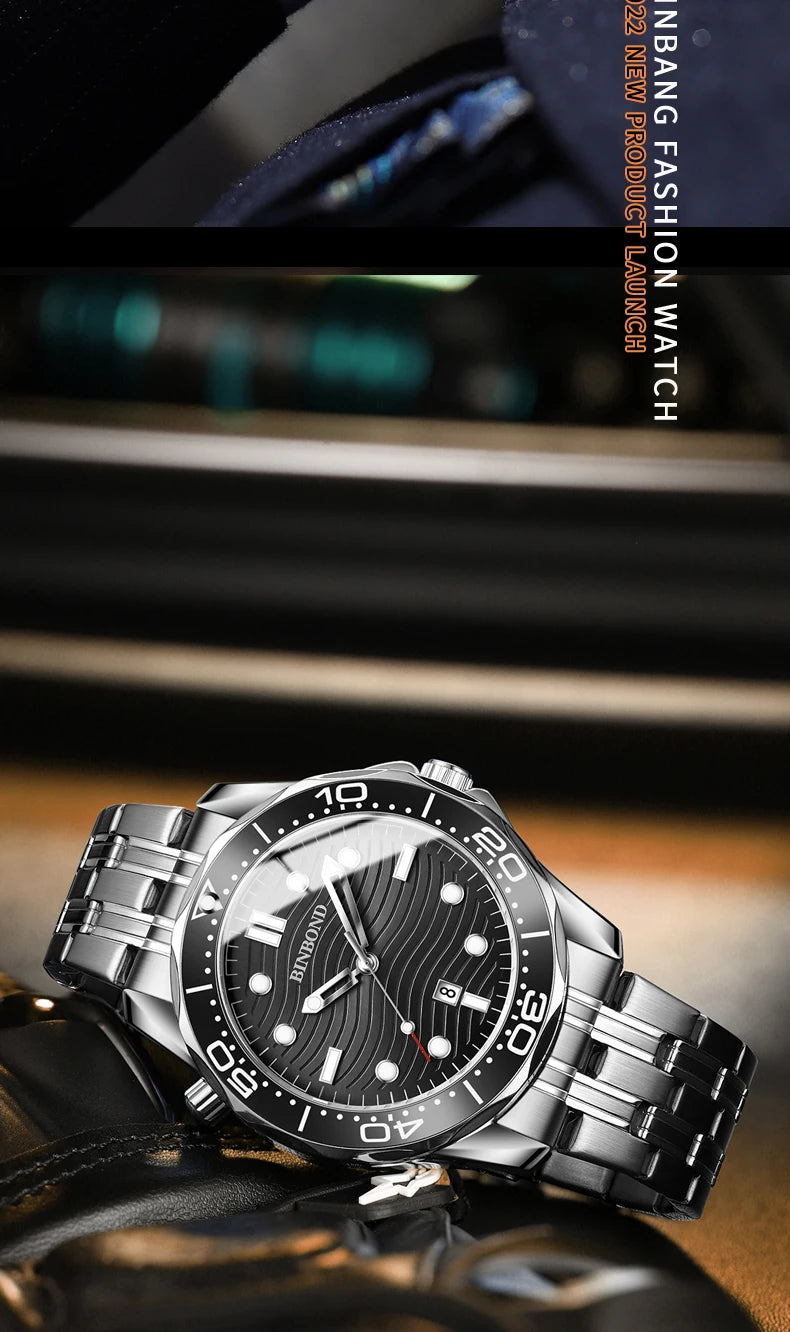 BINBOND Brand New Fashion Ultra-thin Sea Horse Series Men Business Quartz  Watches Waterproof Luminous Sports Casual Men's Watch