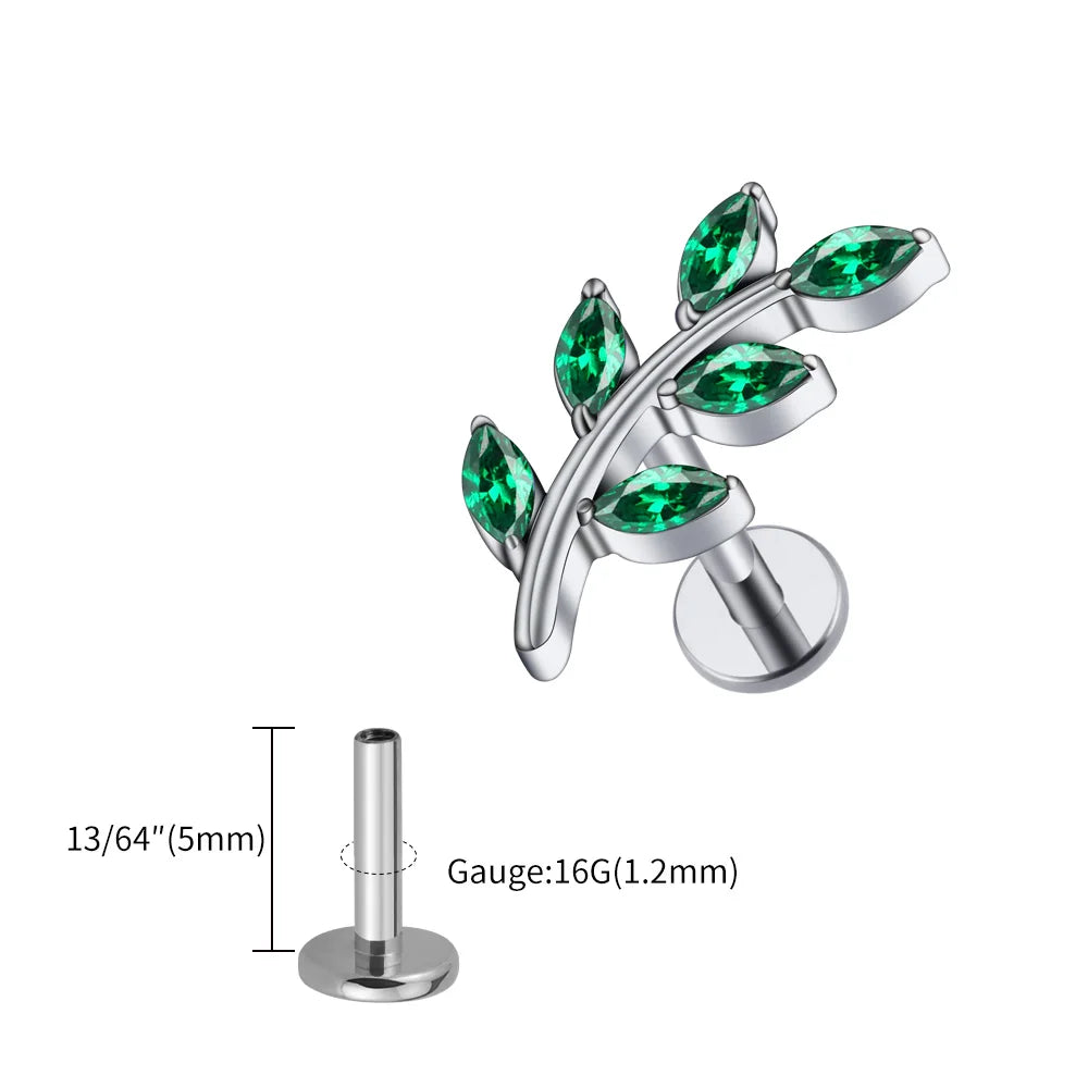 Right Grand ASTM F136 Titanium 16G Marquise CZ Leaves Stud Earring Leaf Shaped Helix Cartilage Conch Flat Back Piercing Jewelry
