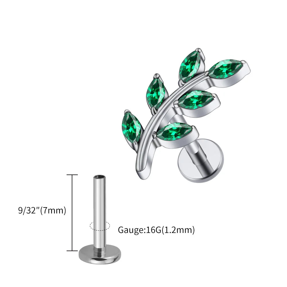Right Grand ASTM F136 Titanium 16G Marquise CZ Leaves Stud Earring Leaf Shaped Helix Cartilage Conch Flat Back Piercing Jewelry