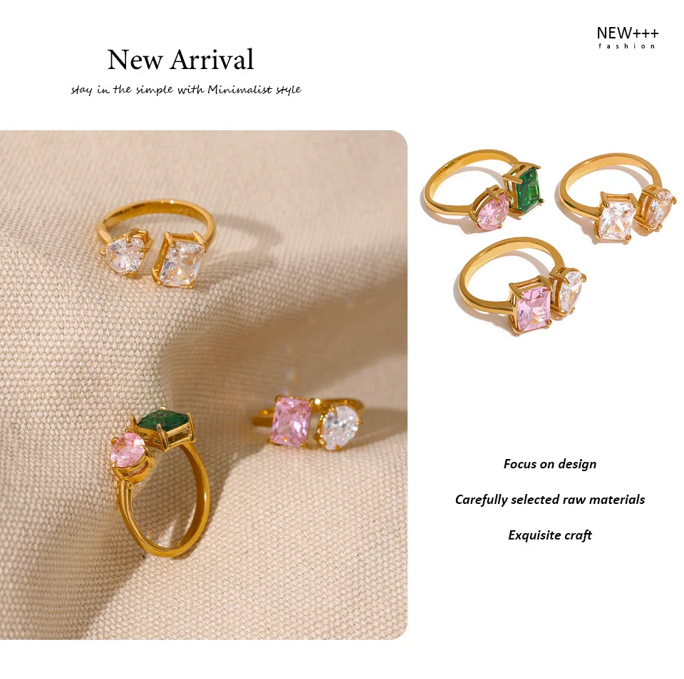 Yhpup Waterproof Fashion Stainless Steel Pink Green Cubic Zirconia Adjustable Open Ring Gold Color Unique Bling Charm Jewelry