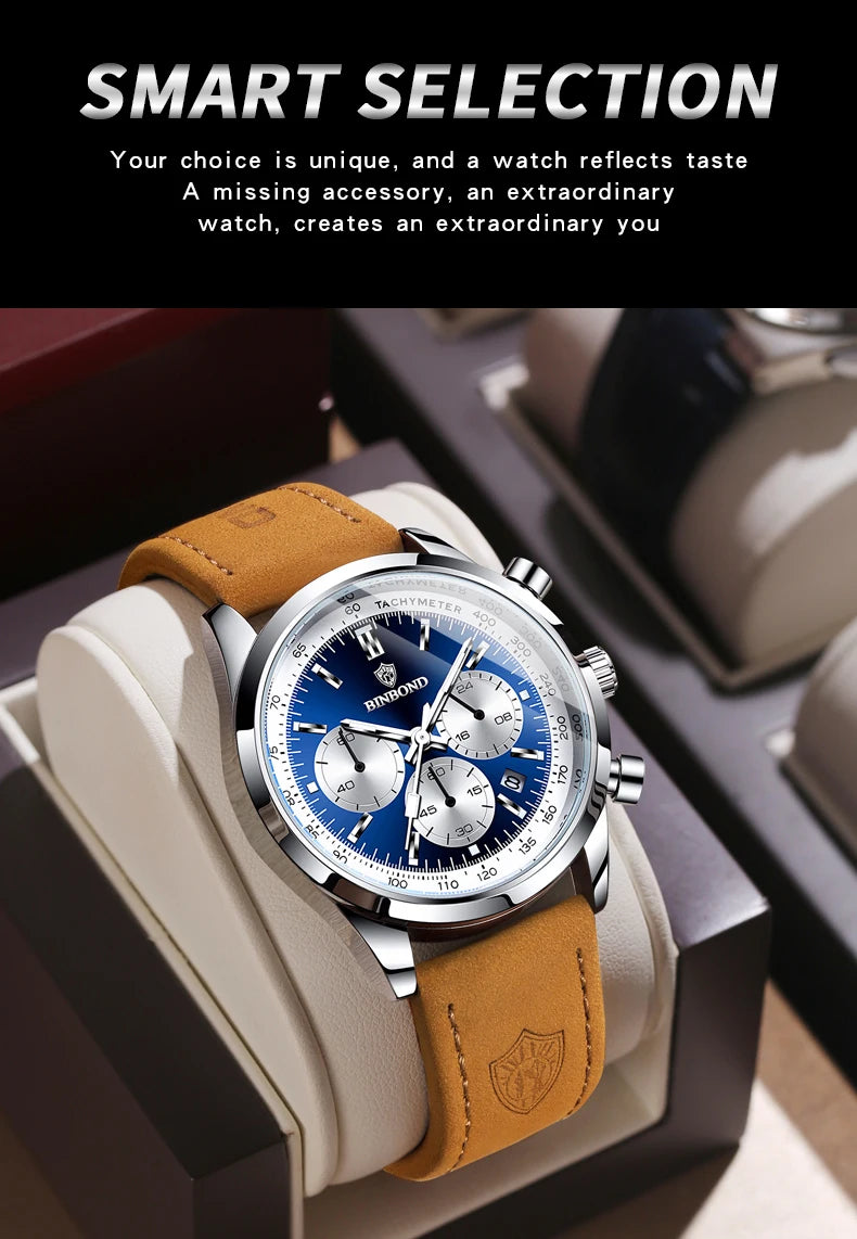 BINBOND Fashion New Quartz Men's Watch Leather Watchband Luminous Waterproof Timer Sports Business Man Watches Relogio Masculino