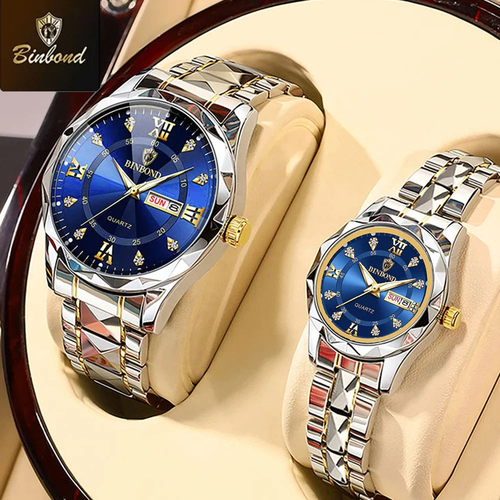 2pcs/Set BINBOND Couple Quartz Watches 30M Waterproof Fashion Diamond Valentine Day Gift Stainless Steel Watch Men Women Watch