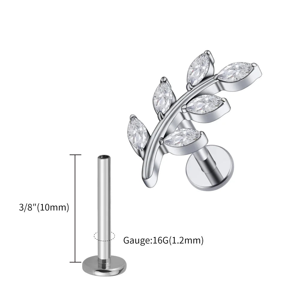 Right Grand ASTM F136 Titanium 16G Marquise CZ Leaves Stud Earring Leaf Shaped Helix Cartilage Conch Flat Back Piercing Jewelry