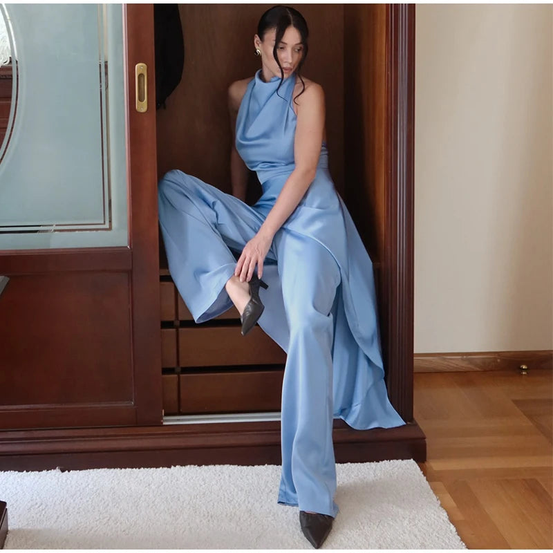 Elegant Women's Satin Halter Spliced Long Top Pants Set Sleeveless Backless Swing Collar Top Straight Leg Pant 2026 Fashion Suit