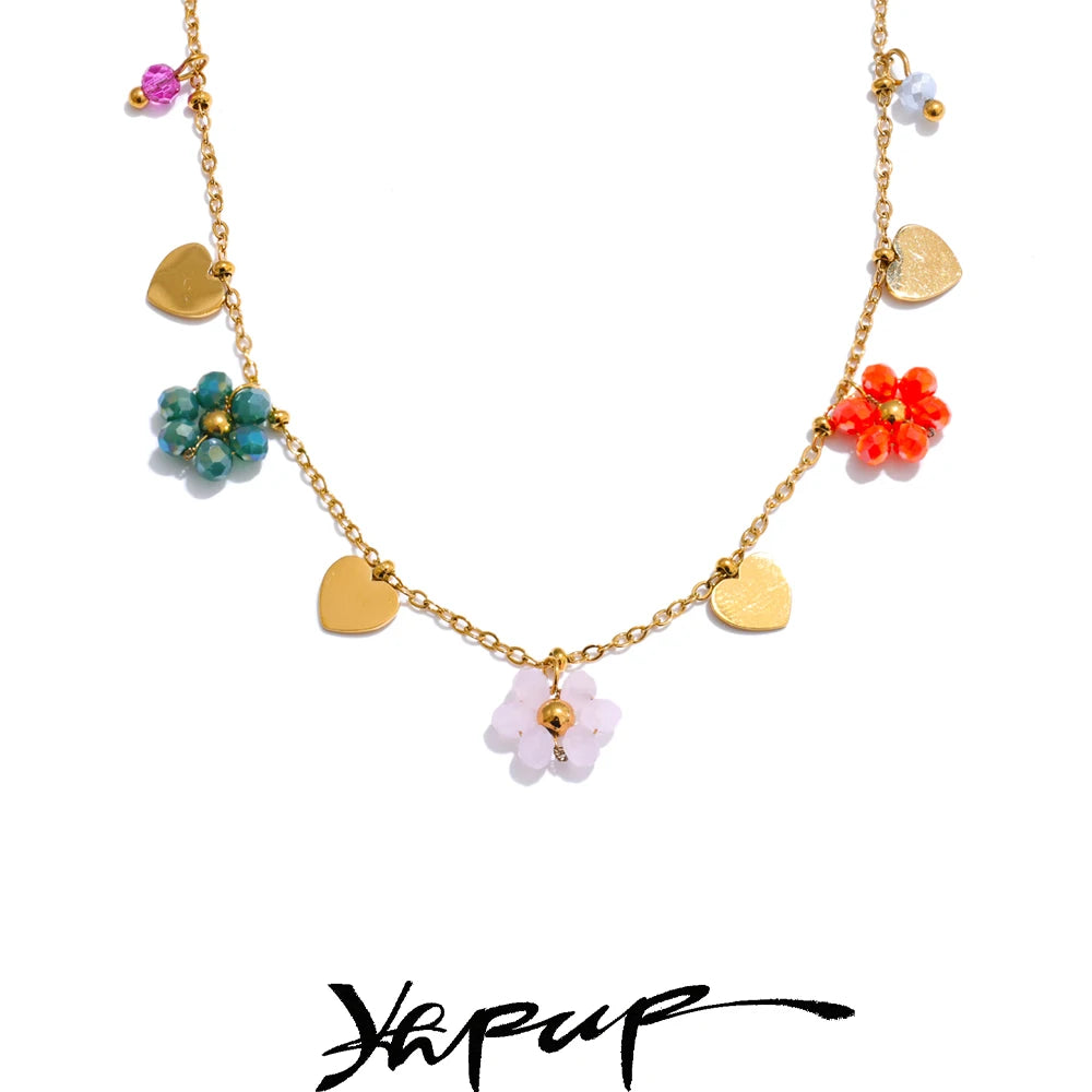 Yhpup Summer Fashion Crystal Flower Pendant Necklace for Women Stainless Steel Handmade Cute Collar Jewelry 2025 Waterproof