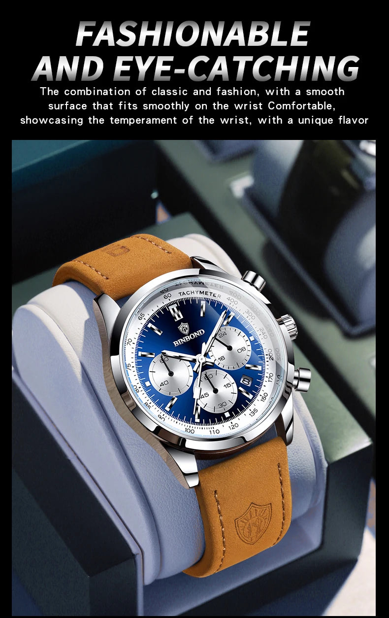 BINBOND Fashion New Quartz Men's Watch Leather Watchband Luminous Waterproof Timer Sports Business Man Watches Relogio Masculino