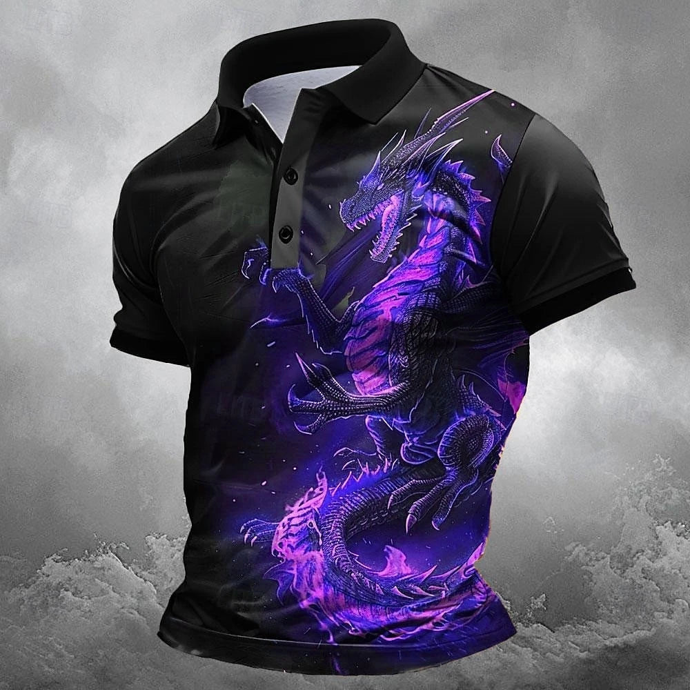 Men's Dragon Print Polo Shirt – Short Sleeve Casual Golf &amp; Streetwear Polo