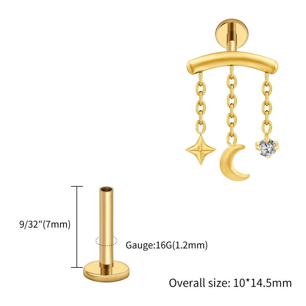 Right Grand ASTM F136 Titanium Hidden Helix Chain Earring 16G Dainty Star Moon CZ Dangle Cartilage Stud Piercing Jewelry