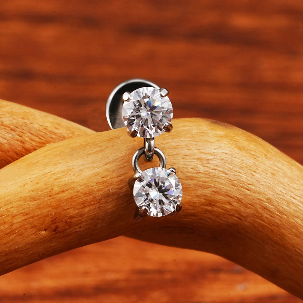 Right Grand ASTM F136 Titanium 16G Double CZ Floating Dangle Tragus Helix Cartilage Stud Internally Threaded Charm Drop Earring
