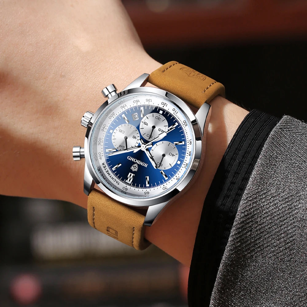 BINBOND Fashion New Quartz Men's Watch Leather Watchband Luminous Waterproof Timer Sports Business Man Watches Relogio Masculino