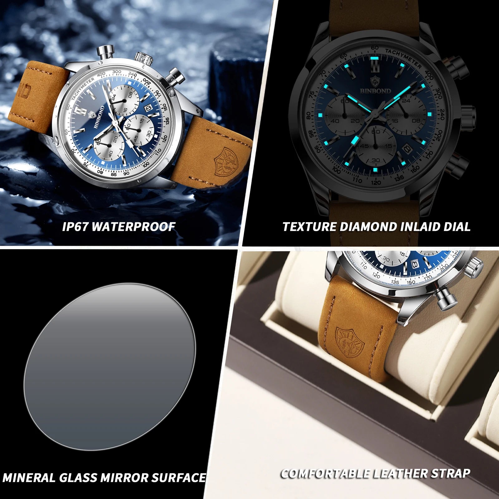 BINBOND Fashion New Quartz Men's Watch Leather Watchband Luminous Waterproof Timer Sports Business Man Watches Relogio Masculino