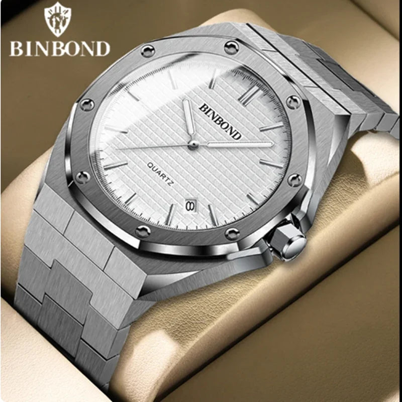 BINBOND B0233 Fashion Casual Men Watches Big Dial blackStainless Steel Calendar Quartz Wristwatch Classic Top Brand Male Clock