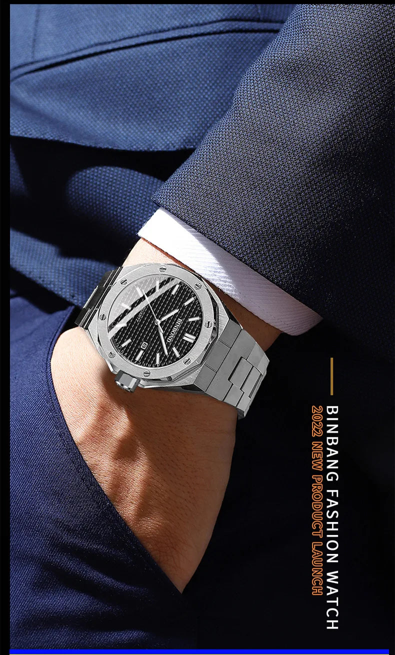 BINBOND B0233 Fashion Casual Men Watches Big Dial blackStainless Steel Calendar Quartz Wristwatch Classic Top Brand Male Clock