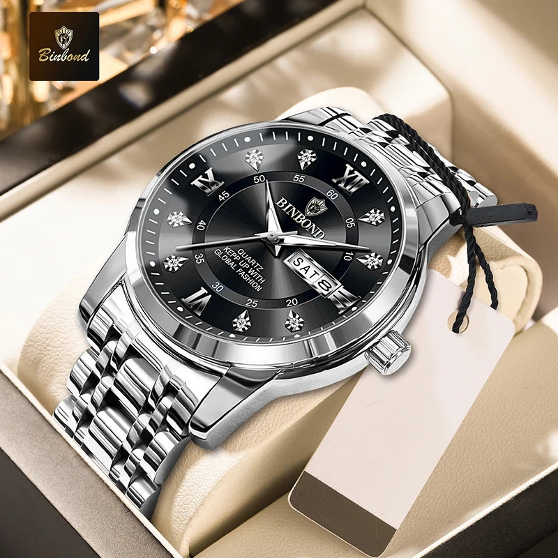 BINBOND 7169 Men's Watches Trend Fashion Star Ring Dial Original Quartz Watch for Man Waterproof Stainless Steel Luminous