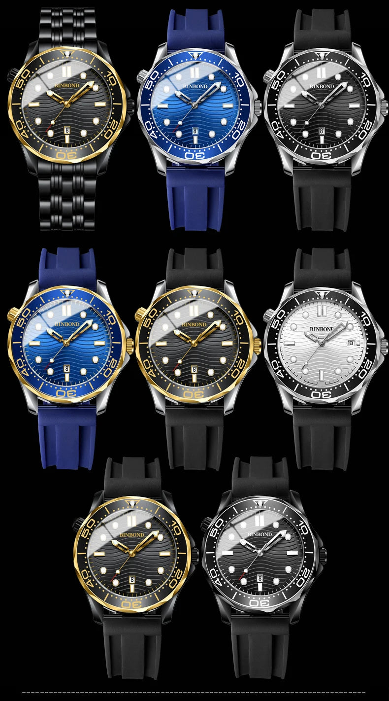 BINBOND Brand New Fashion Ultra-thin Sea Horse Series Men Business Quartz  Watches Waterproof Luminous Sports Casual Men's Watch