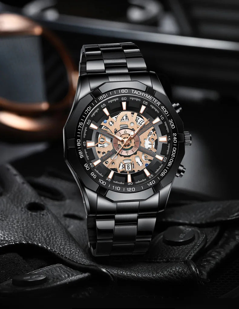 Binbond Mens Watches Top Brand Luxury Stainless Steel Waterproof Hollow Out Blue Big Male Wristwatches Relogio Masculino 2023