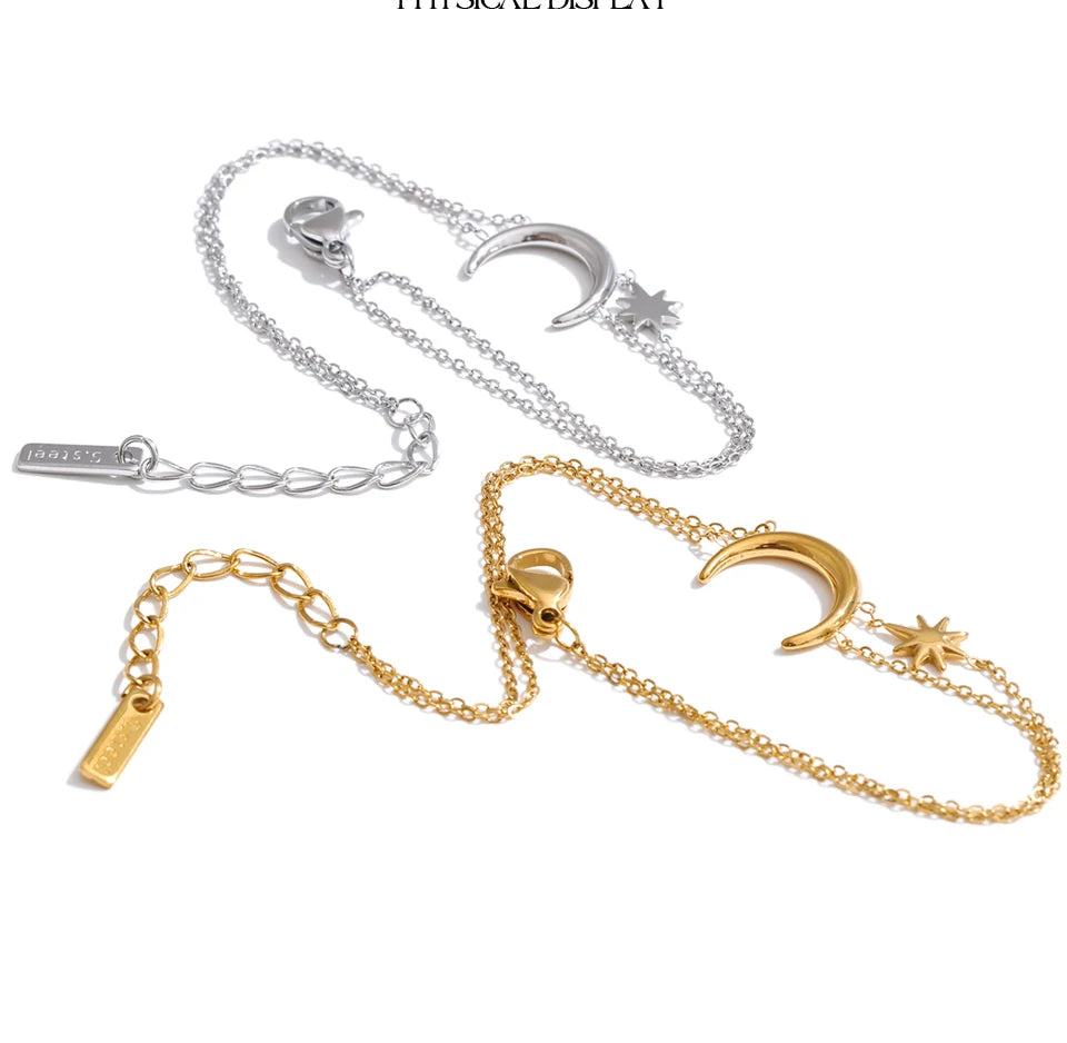 Yhpup Stainless Steel Double-Layer Chain Sun Moon Bracelet Bangle for Women Summer Waterproof Fashion Wrist Jewelry Wholesale