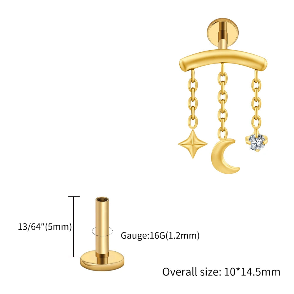Right Grand ASTM F136 Titanium Hidden Helix Chain Earring 16G Dainty Star Moon CZ Dangle Cartilage Stud Piercing Jewelry