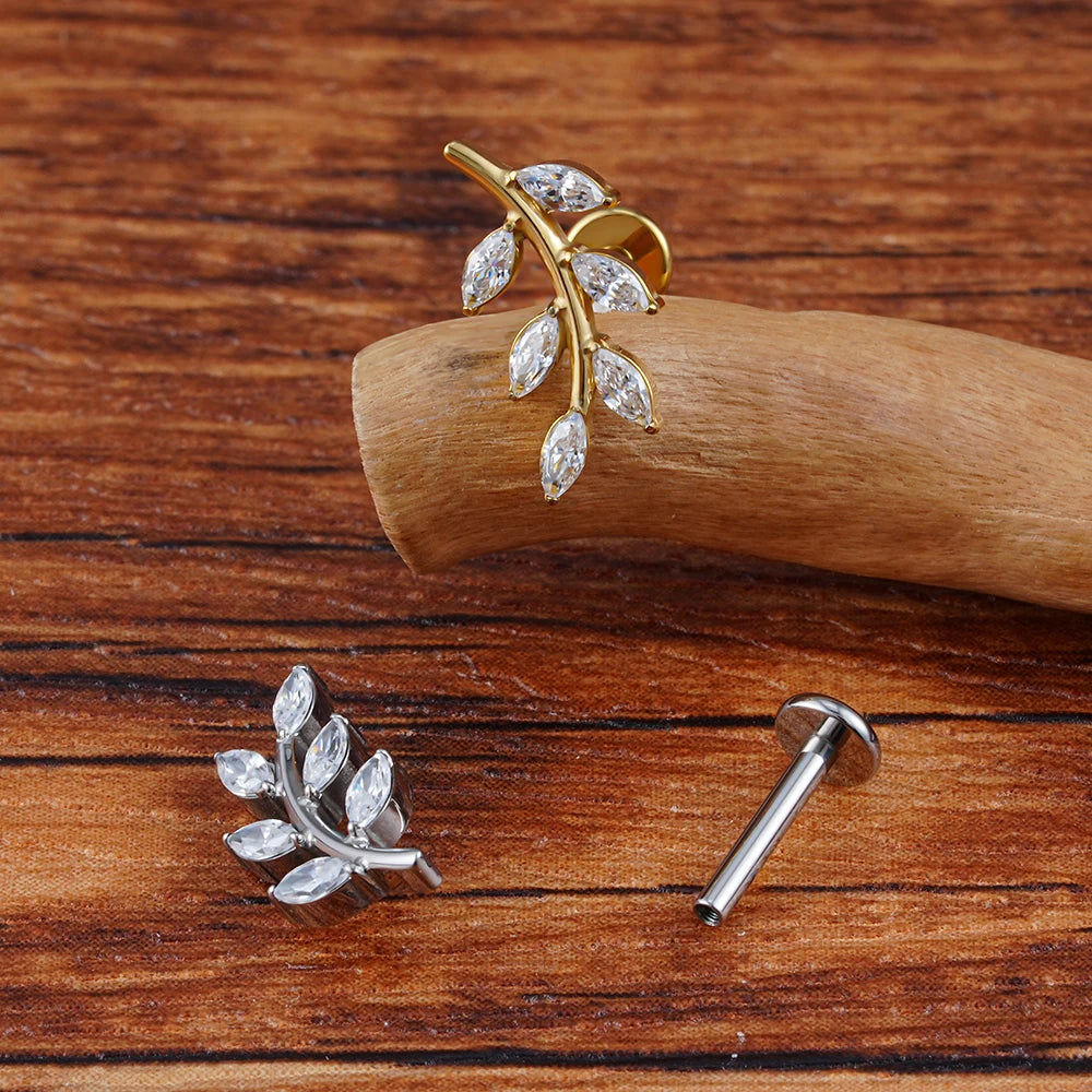 Right Grand ASTM F136 Titanium 16G Marquise CZ Leaves Stud Earring Leaf Shaped Helix Cartilage Conch Flat Back Piercing Jewelry