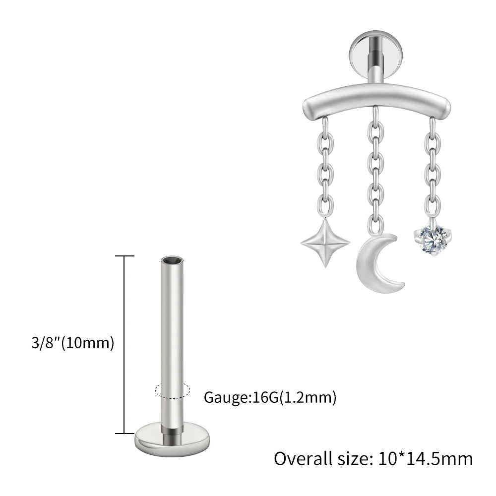 Right Grand ASTM F136 Titanium Hidden Helix Chain Earring 16G Dainty Star Moon CZ Dangle Cartilage Stud Piercing Jewelry