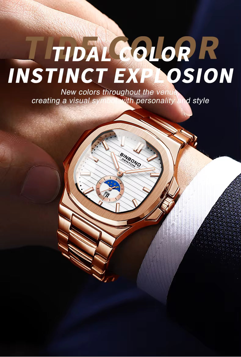 BINBOND Men's Business Quartz Watch – Stainless Steel Waterproof Wristwatch