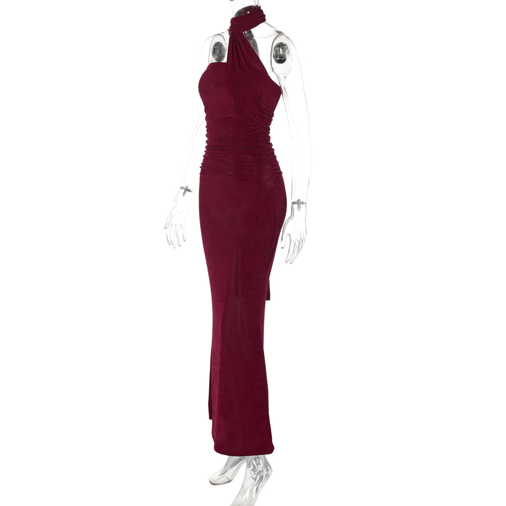 Hugcitar Elegant Solid Halter Sleeveless Backless Ruched Sexy Bodycon Maxi Dress Summer Women Y2K Outfit Evening Party Festival