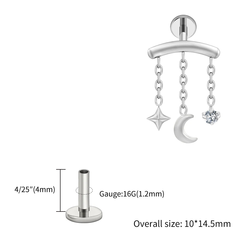 Right Grand ASTM F136 Titanium Hidden Helix Chain Earring 16G Dainty Star Moon CZ Dangle Cartilage Stud Piercing Jewelry