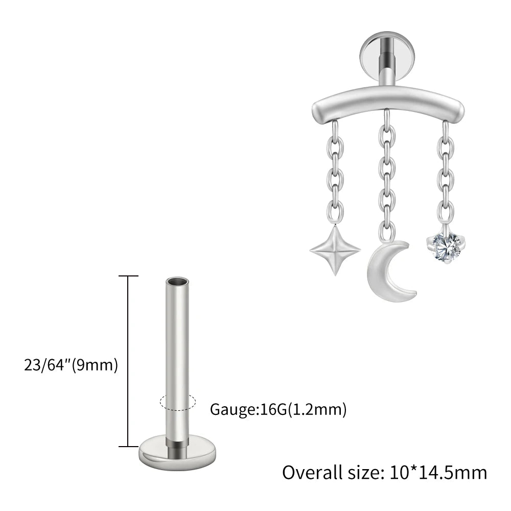 Right Grand ASTM F136 Titanium Hidden Helix Chain Earring 16G Dainty Star Moon CZ Dangle Cartilage Stud Piercing Jewelry