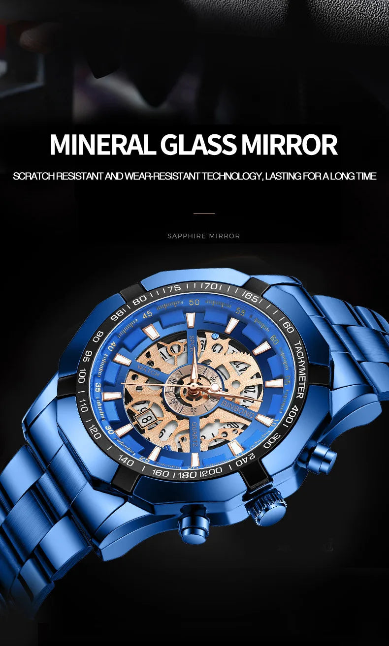 Binbond Mens Watches Top Brand Luxury Stainless Steel Waterproof Hollow Out Blue Big Male Wristwatches Relogio Masculino 2023